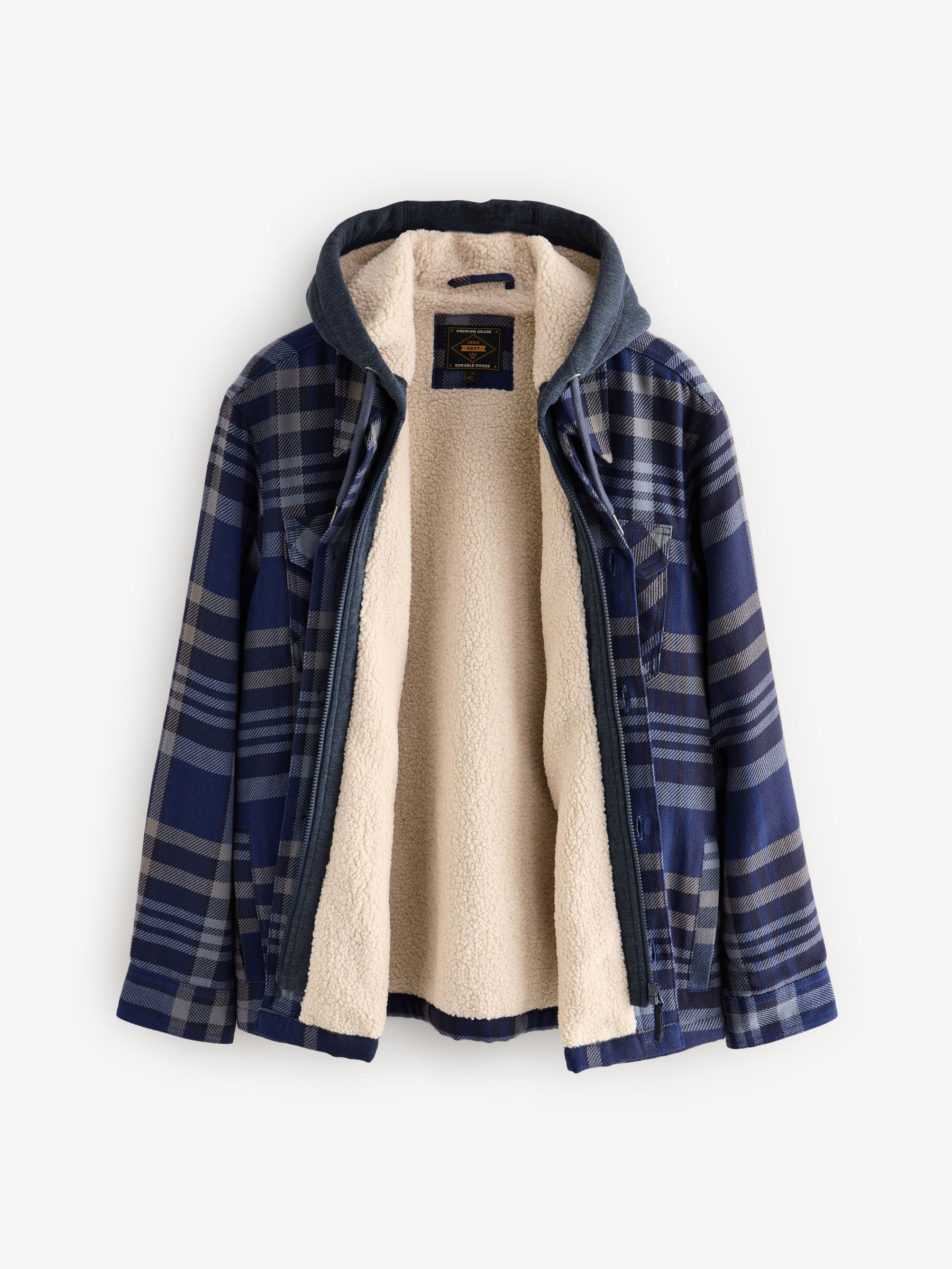 Buy Navy Blue Check Hooded Borg Lined Shacket from Next Norway