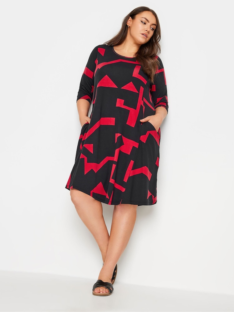 Yours Curve Black Abstract Print Pocket Dress - Image 2 of 5