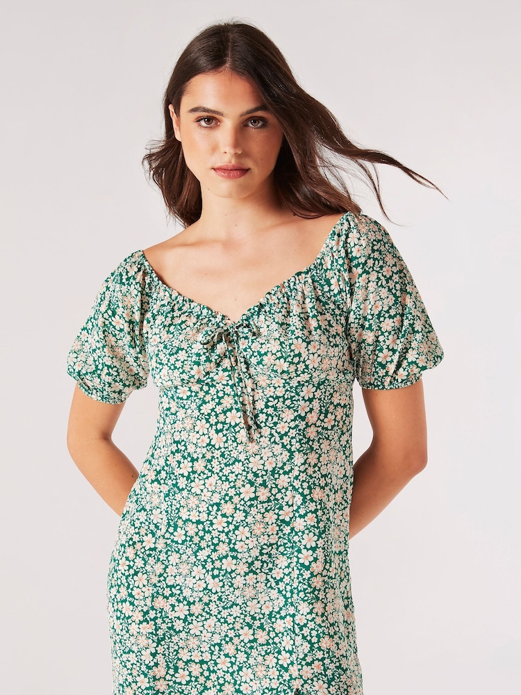Apricot Green Ditsy Floral Milkmaid Mini Dress - Image 1 of 4