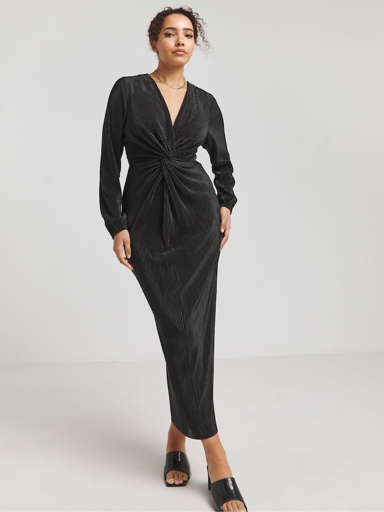 Simply Be Black Knot Front Plissé Midi Dress - Image 1 of 4