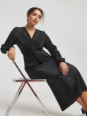 Simply Be Black Knot Front Plissé Midi Dress - Image 3 of 4