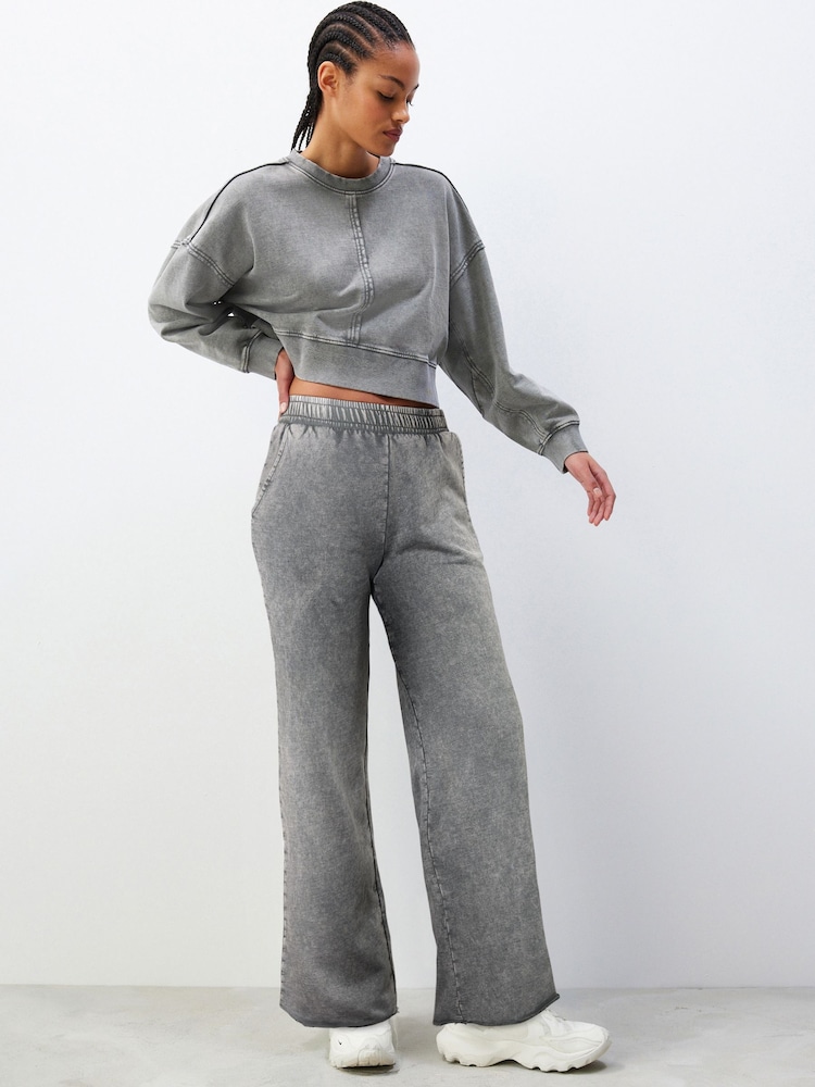 Grey Charcoal 100% Cotton Wide Leg Washed Seam Detail Track Trousers Joggers - Image 1 of 6