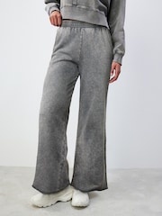 Grey Charcoal 100% Cotton Wide Leg Washed Seam Detail Track Trousers Joggers - Image 2 of 6