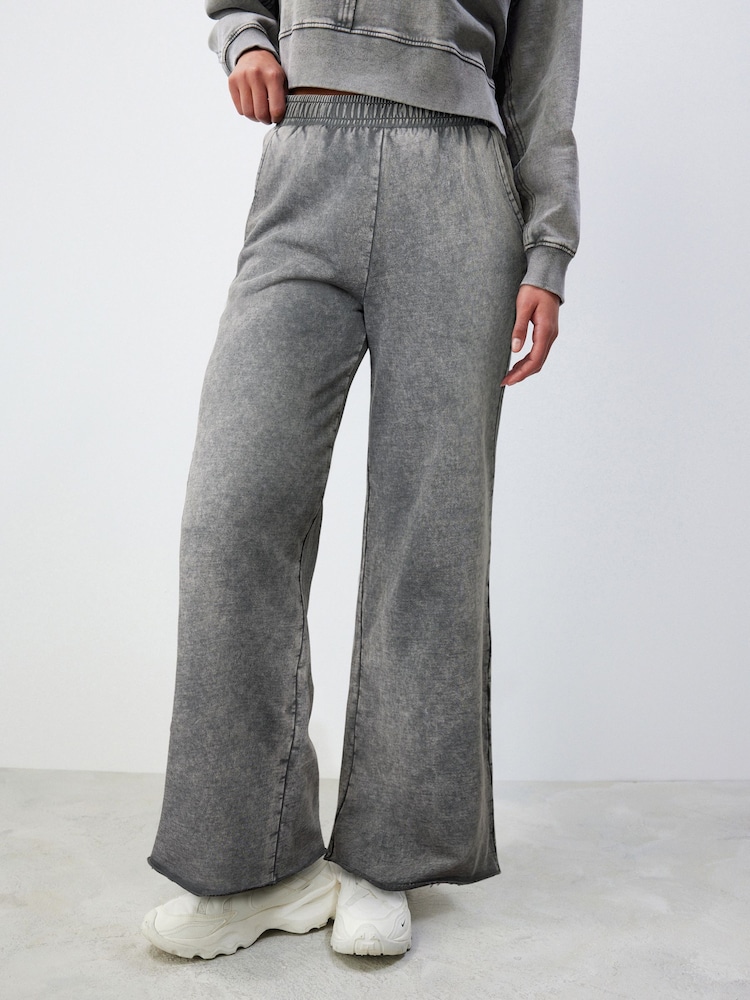 Grey Charcoal 100% Cotton Wide Leg Washed Seam Detail Track Trousers Joggers - Image 2 of 6