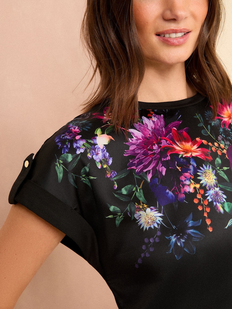 Love & Roses Black Floral Satin Front Jersey Back T-Shirt - Image 2 of 4