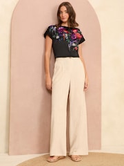 Love & Roses Black Floral Satin Front Jersey Back T-Shirt - Image 3 of 4
