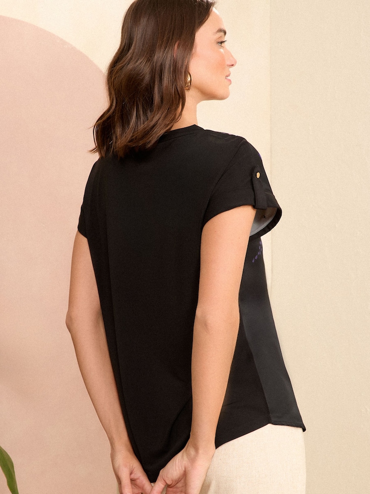 Love & Roses Black Floral Satin Front Jersey Back T-Shirt - Image 4 of 4