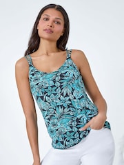 Roman Blue Floral Print Strap Detail Cami Top - Image 4 of 5