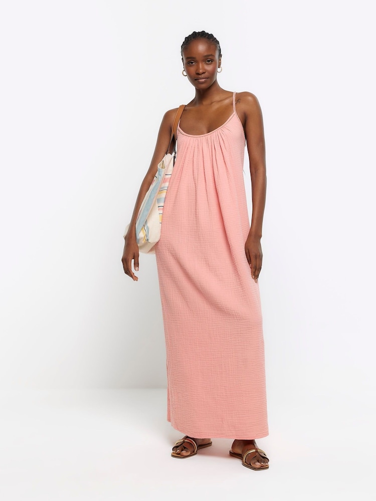 River Island Pink 100% Cotton Textured Slip Midi Dress - Image 1 of 4 River Island Pink 100% Cotton Textured Slip Midi Dress - Image 1 of 4