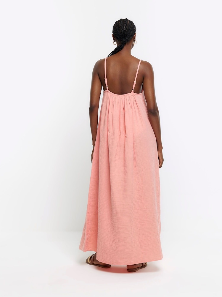 River Island Pink 100% Cotton Textured Slip Midi Dress - Image 2 of 4 River Island Pink 100% Cotton Textured Slip Midi Dress - Image 2 of 4