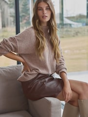 Neutral Brown Mole 100% Cashmere Premium Seam Detail Rolled Edge Knitted Jumper - Image 1 of 8
