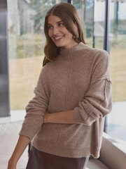 Neutral Brown Mole 100% Cashmere Premium Seam Detail Rolled Edge Knitted Jumper - Image 3 of 8