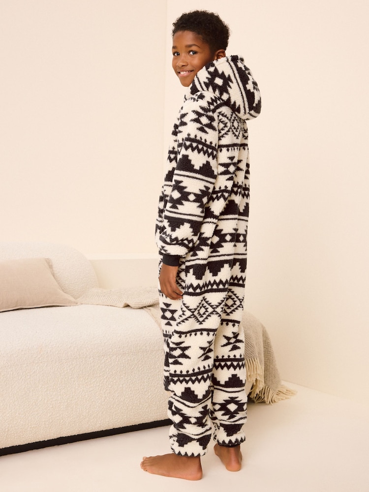 Neutral/Black Aztec Print Fleece All-In-One (3-16yrs) - Image 3 of 8