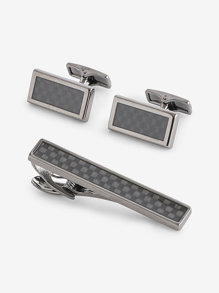 Gun Metal Carbon Cufflink and Tie Clip Set - Image 1 of 5