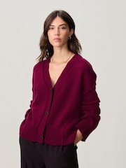 Berry Red Soft Touch Seam Detail Button Through Knitted Cardigan with Wool - Image 1 of 7