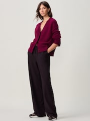 Berry Red Soft Touch Seam Detail Button Through Knitted Cardigan with Wool - Image 2 of 7