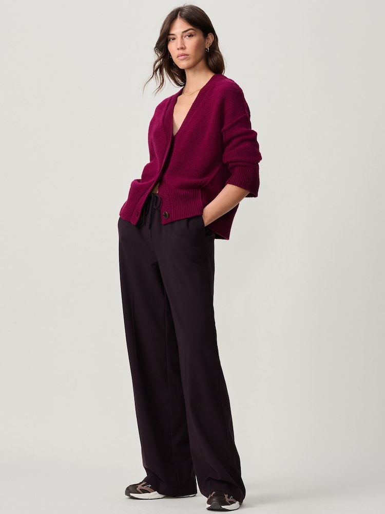 Berry Red Soft Touch Seam Detail Button Through Knitted Cardigan with Wool - Image 2 of 7