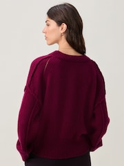 Berry Red Soft Touch Seam Detail Button Through Knitted Cardigan with Wool - Image 3 of 7