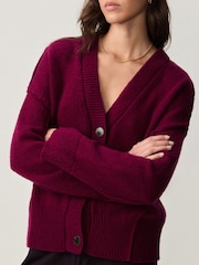Berry Red Soft Touch Seam Detail Button Through Knitted Cardigan with Wool - Image 4 of 7