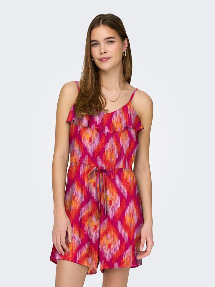 ONLY Purple Mosaic Print Ruffle Cami Playsuit - Image 1 of 4