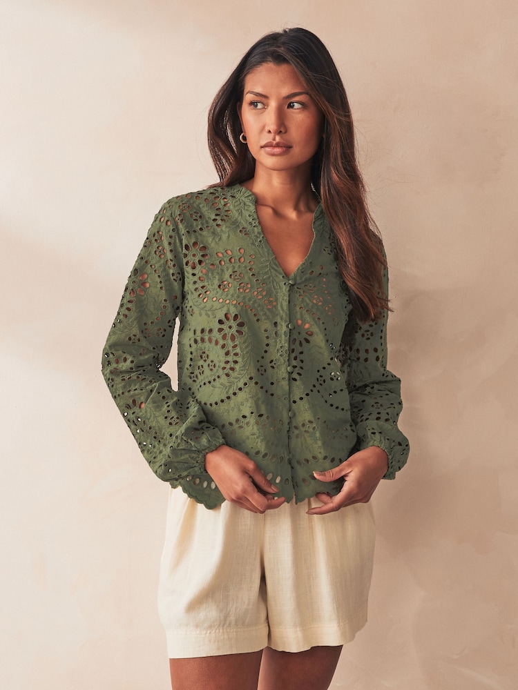 ONLY 100% Cotton Broderie Long Sleeve Button Up Blouse - Bild 1 von 6
