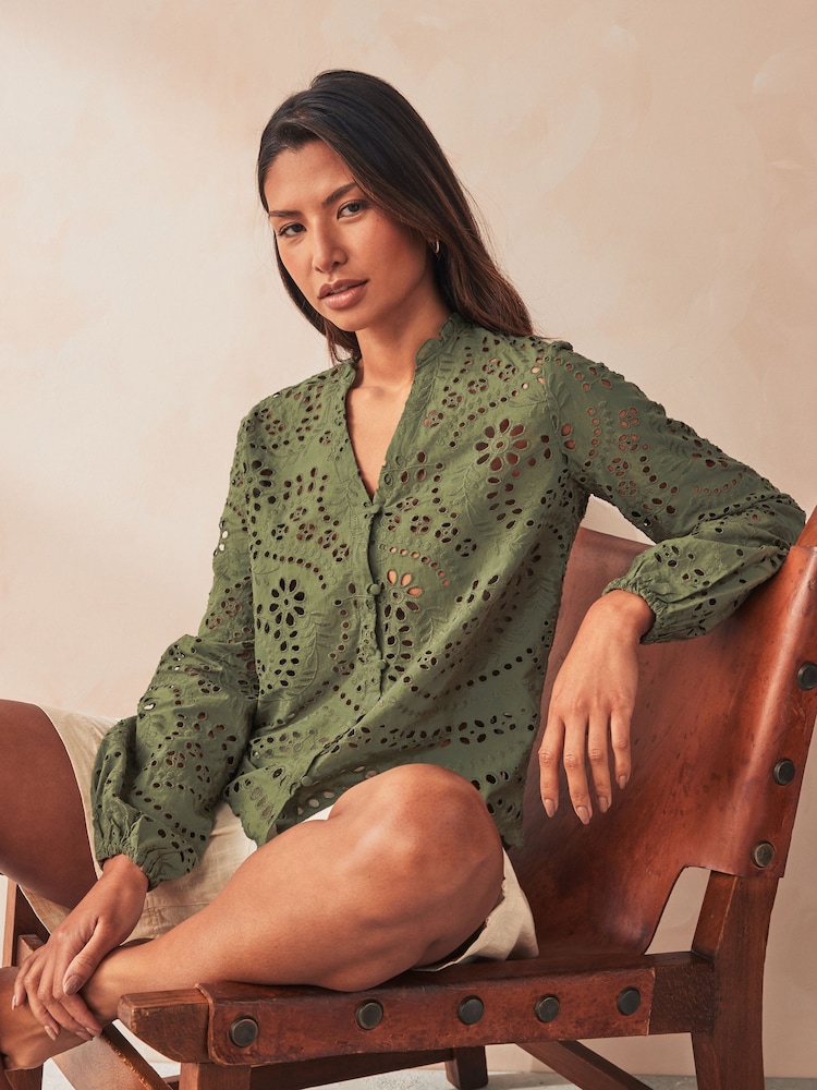 ONLY 100% Cotton Broderie Long Sleeve Button Up Blouse - Bild 2 von 6