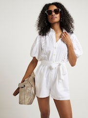 River Island White Broderie Belted 100% Cotton Playsuit - Image 1 of 3