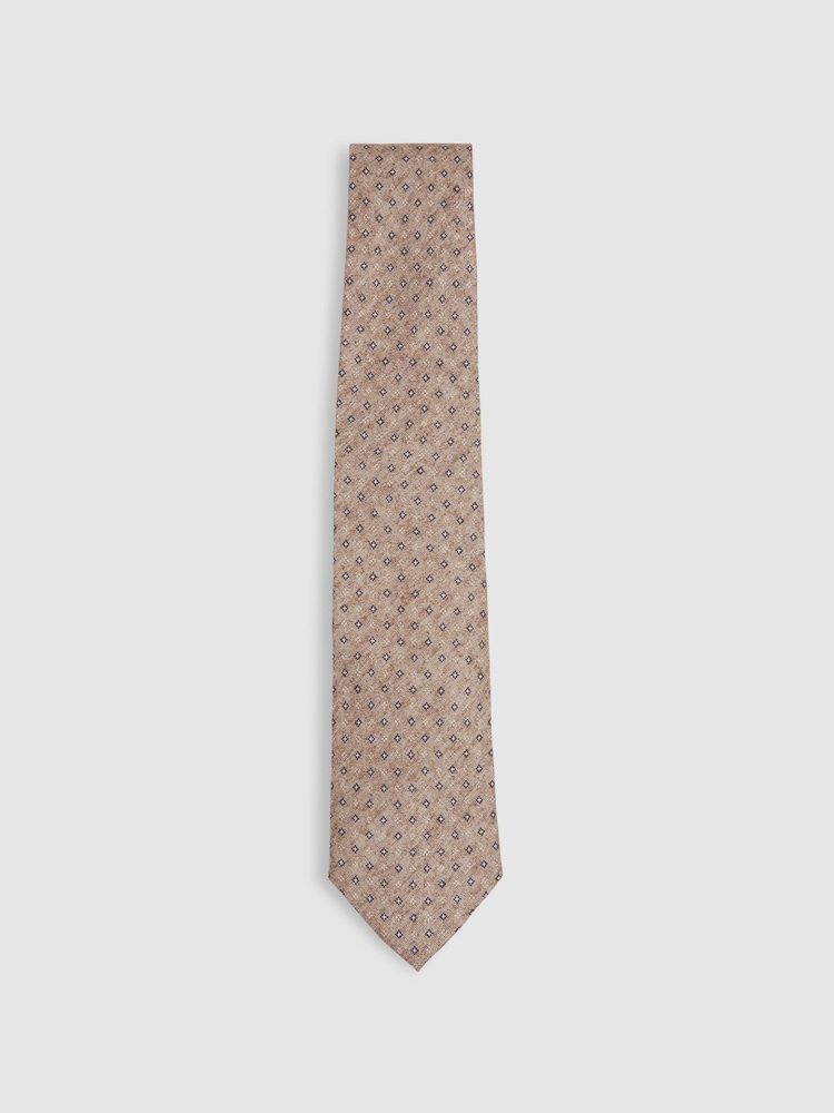Reiss Oatmeal Albarese Silk Geometric Print Tie - Image 1 of 4
