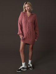 Mauve Pink Collar V-Neck Long Sleeve Cable Knitted Short Mini Jumper Dress - Image 2 of 7
