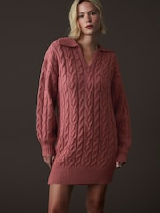 Mauve Pink Collar V-Neck Long Sleeve Cable Knitted Short Mini Jumper Dress - Image 3 of 7
