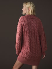 Mauve Pink Collar V-Neck Long Sleeve Cable Knitted Short Mini Jumper Dress - Image 4 of 7