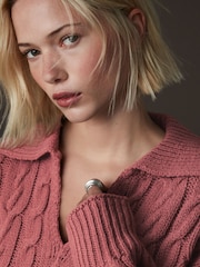 Mauve Pink Collar V-Neck Long Sleeve Cable Knitted Short Mini Jumper Dress - Image 5 of 7