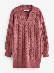 Mauve Pink Collar V-Neck Long Sleeve Cable Knitted Short Mini Jumper Dress - Image 6 of 7