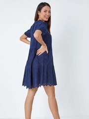 Roman Blue Embroidered Tiered Cotton Smock Dress - Image 3 of 5