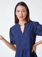 Roman Blue Embroidered Tiered Cotton Smock Dress - Image 4 of 5