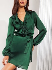 Friends Like These Green Long Sleeve Ruffle Satin Mini Dress - Image 1 of 4
