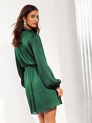 Friends Like These Green Long Sleeve Ruffle Satin Mini Dress - Image 4 of 4