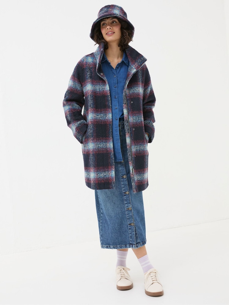 FatFace Freya Blue Wool Blend Check Coat - Image 2 of 5