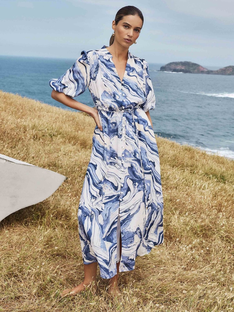 Forever New Blue Loren Puff Sleeve Midi Dress - Image 1 of 5