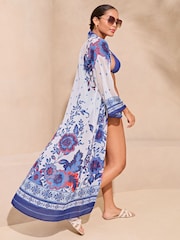 Lipsy Blue Chiffon Printed Tie Kimono - Image 1 of 4