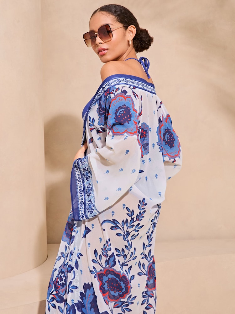 Lipsy Blue Chiffon Printed Tie Kimono - Image 2 of 4 Lipsy Blue Chiffon Printed Tie Kimono - Image 2 of 4