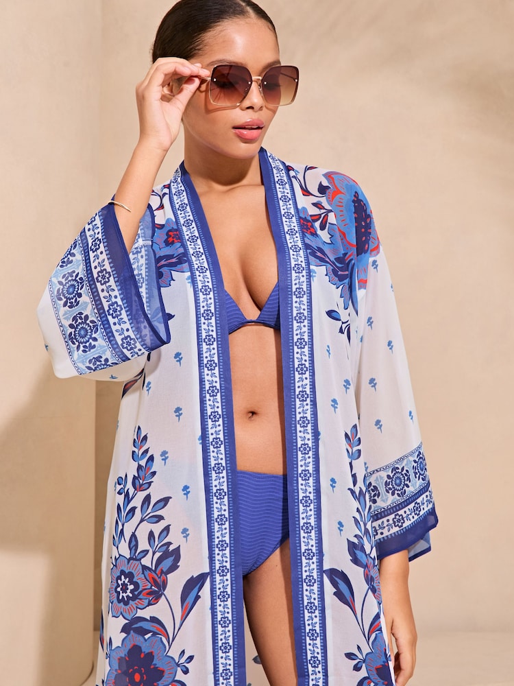Lipsy Blue Chiffon Printed Tie Kimono - Image 4 of 4 Lipsy Blue Chiffon Printed Tie Kimono - Image 4 of 4