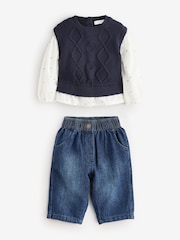 Navy Mock Layer 100% Cotton Jumper and Trousers Set (3mths-7yrs) - Image 5 of 9