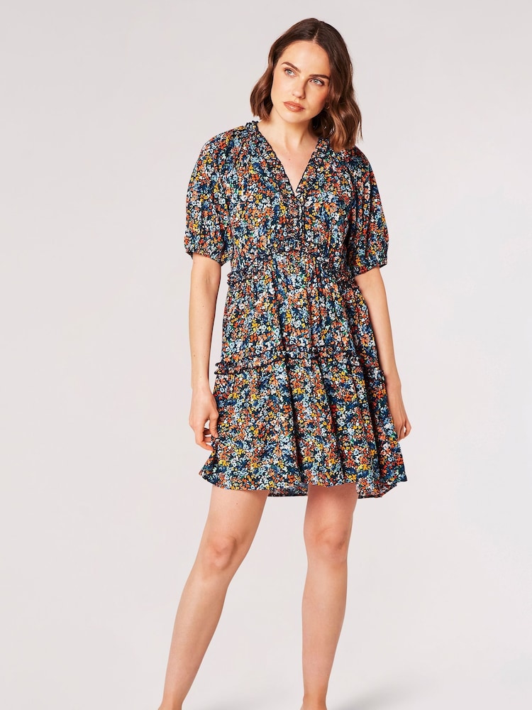 Apricot Blue Watercolour Floral Ruffle Mini Dress - Image 2 of 4