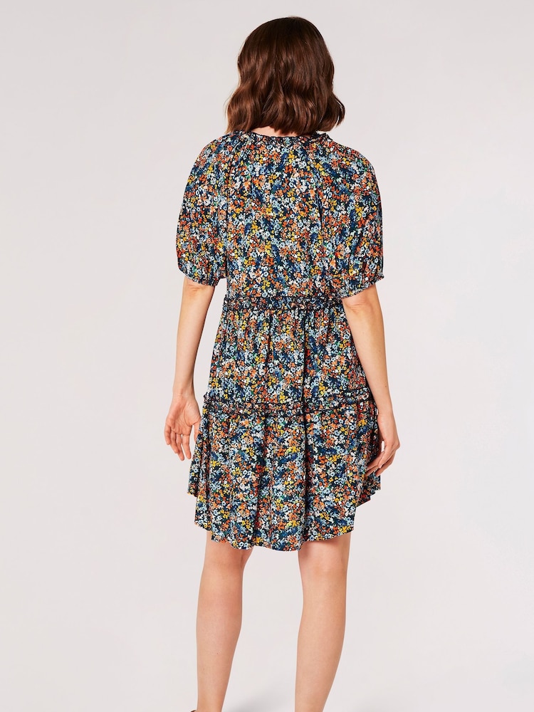 Apricot Blue Watercolour Floral Ruffle Mini Dress - Image 4 of 4