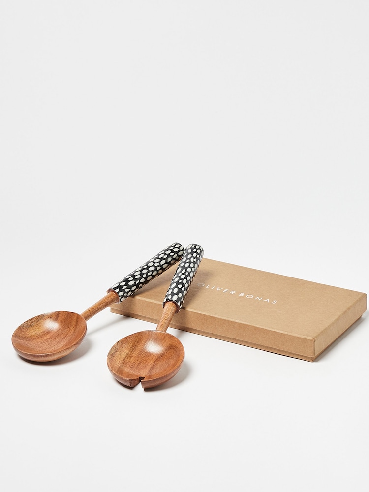 Oliver Bonas Black/White Juno Spot Wooden Salad Servers - Image 1 of 3