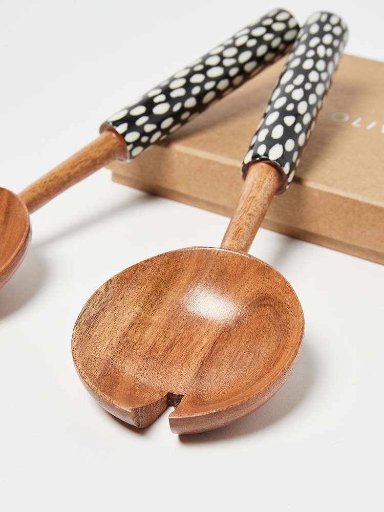 Oliver Bonas Black/White Juno Spot Wooden Salad Servers - Image 3 of 3