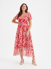 Scarlett & Jo Red Tilly Print Angel Sleeve Sweetheart Dress - Image 1 of 4