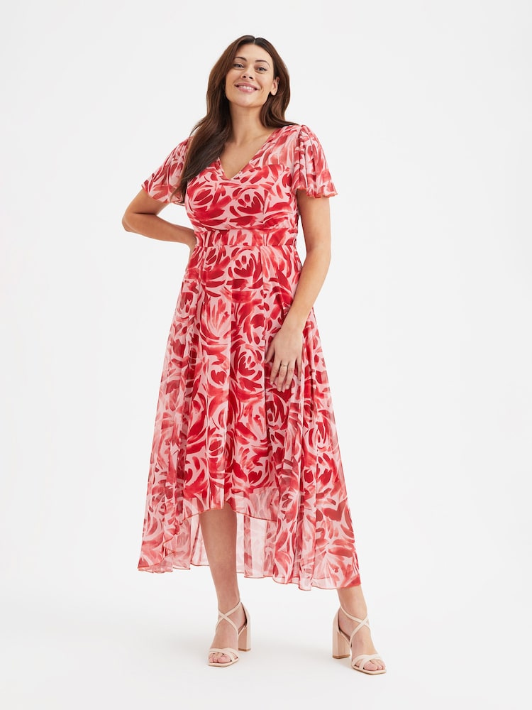 Scarlett & Jo Red Tilly Print Angel Sleeve Sweetheart Dress - Image 1 of 4