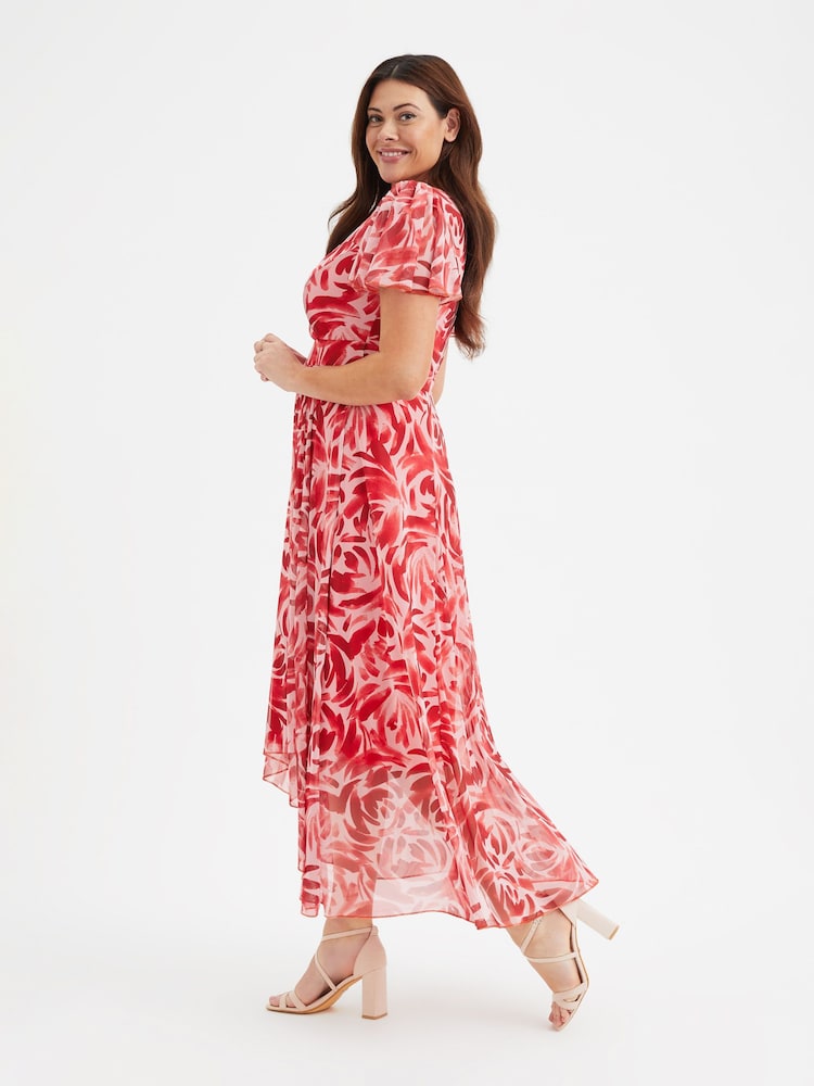 Scarlett & Jo Red Tilly Print Angel Sleeve Sweetheart Dress - Image 4 of 4